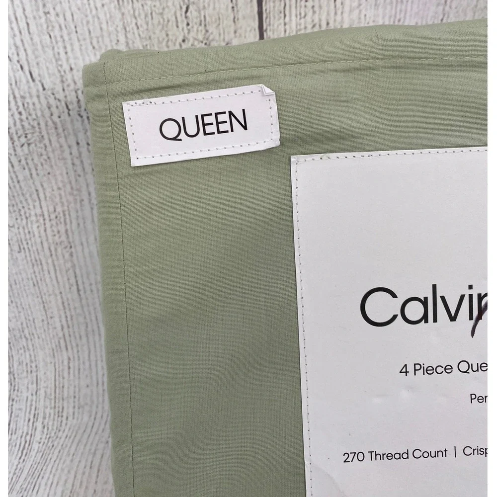 Calvin Klein Sheet Set Queen Sage Green Cotton Percale 270TC Earthy Modern